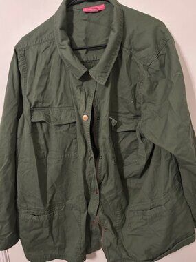 Woman Within Utility Jacket 2X | Olive Green Anorak Cargo Jacket Zip Snap Plus S